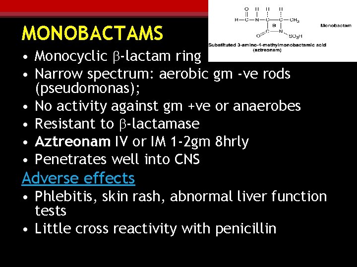 MONOBACTAMS • Monocyclic b-lactam ring • Narrow spectrum: aerobic gm -ve rods (pseudomonas); •