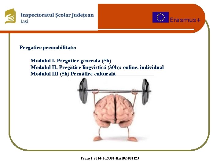 Pregatire premobilitate: Modulul I. Pregătire generală (5 h) Modulul II. Pregătire lingvistică (30 h):