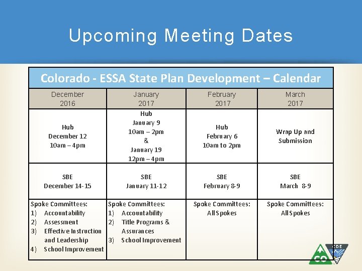 Upcoming Meeting Dates Colorado - ESSA State Plan Development – Calendar December 2016 Hub