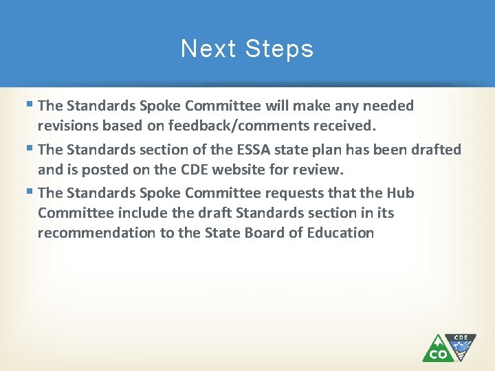 Next Steps The Standards Spoke Committee will make any needed revisions based on feedback/comments