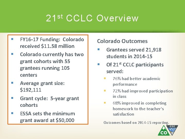 21 st CCLC Overview FY 16 -17 Funding: Colorado received $11. 58 million Colorado