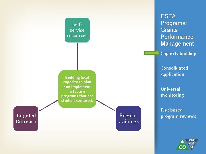 ESEA Programs: Grants Performance Management Selfservice resources Capacity building Consolidated Application Building local capacity