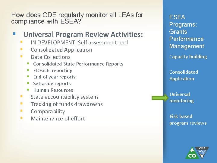 How does CDE regularly monitor all LEAs for compliance with ESEA? Universal Program Review