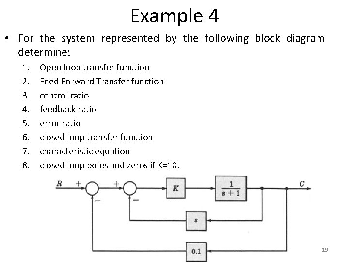 Example 4 • For the system represented by the following block diagram determine: 1. Example 4 • For the system represented by the following block diagram determine: 1.