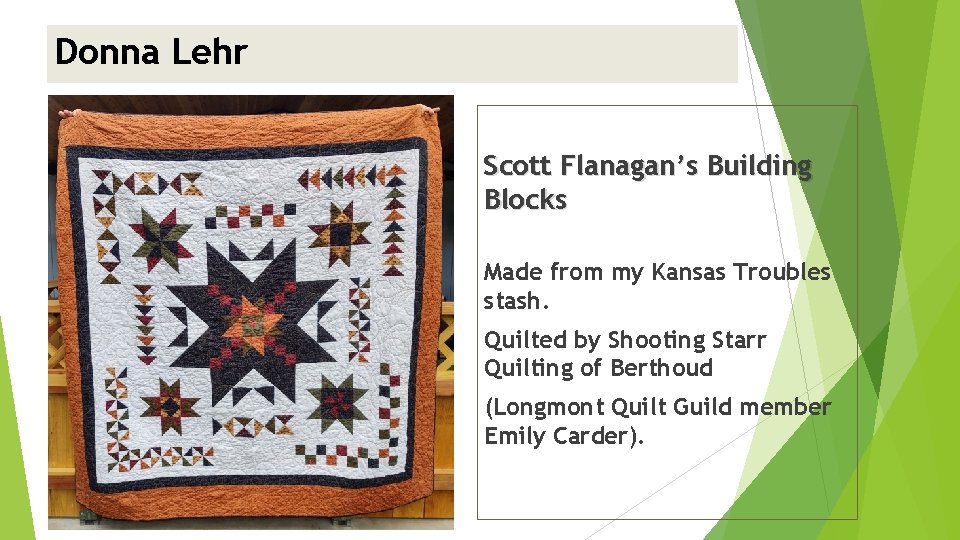 Donna Lehr <insert picture> Scott Flanagan’s Building Blocks Made from my Kansas Troubles stash.