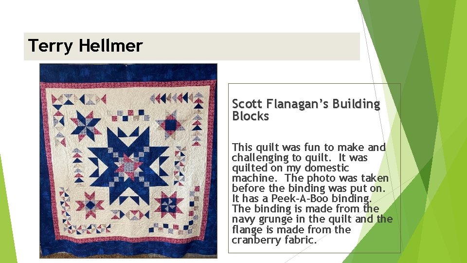Terry Hellmer <insert picture> Scott Flanagan’s Building Blocks This quilt was fun to make