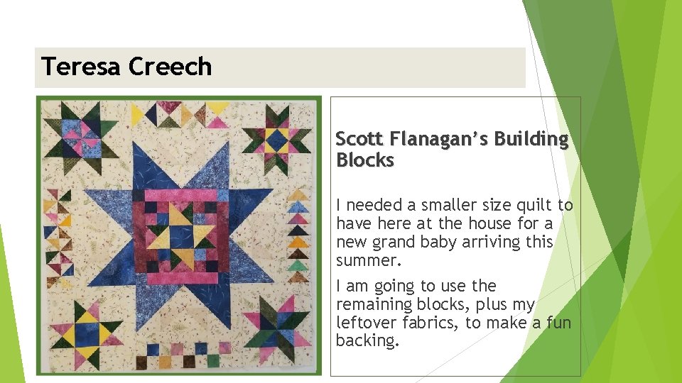 Teresa Creech <insert picture> Scott Flanagan’s Building Blocks I needed a smaller size quilt