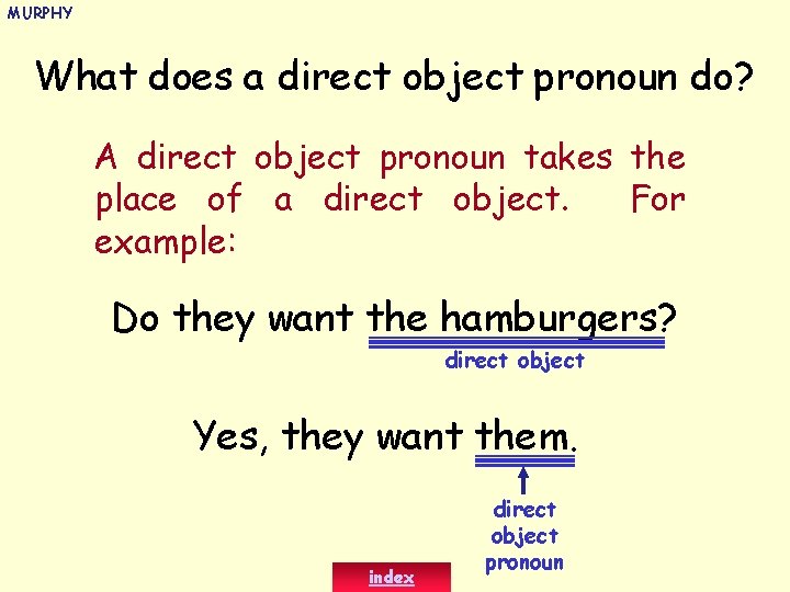 MURPHY What does a direct object pronoun do? A direct object pronoun takes the