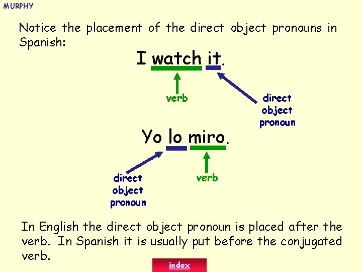 MURPHY Notice the placement of the direct object pronouns in Spanish: I watch it.