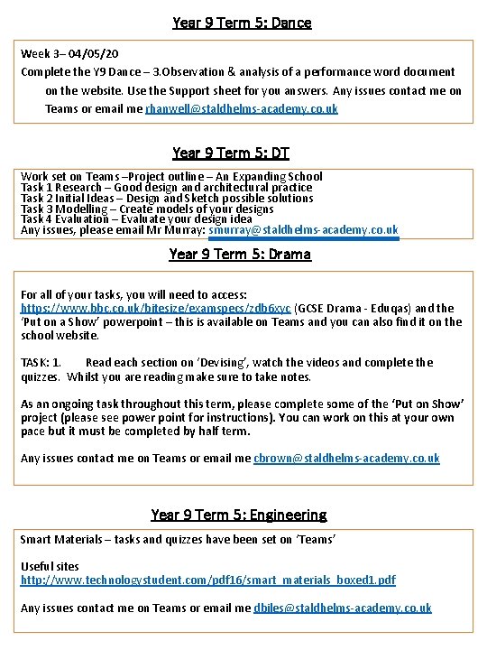 Year 9 Term 5: Dance Week 3– 04/05/20 Complete the Y 9 Dance –