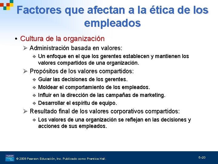 Factores que afectan a la ética de los empleados • Cultura de la organización