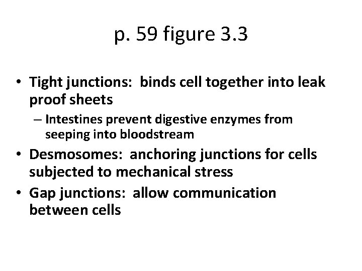 p. 59 figure 3. 3 • Tight junctions: binds cell together into leak proof