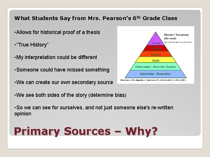 What Students Say from Mrs. Pearson’s 6 th Grade Class • Allows for historical