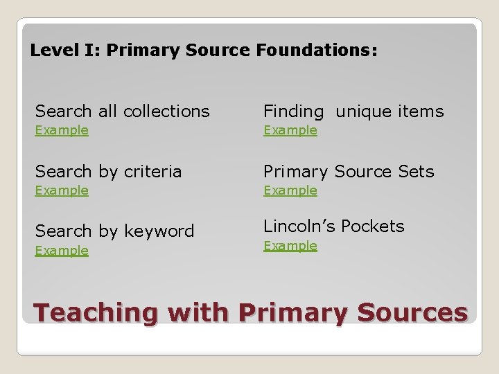 Level I: Primary Source Foundations: Search all collections Finding unique items Example Search by