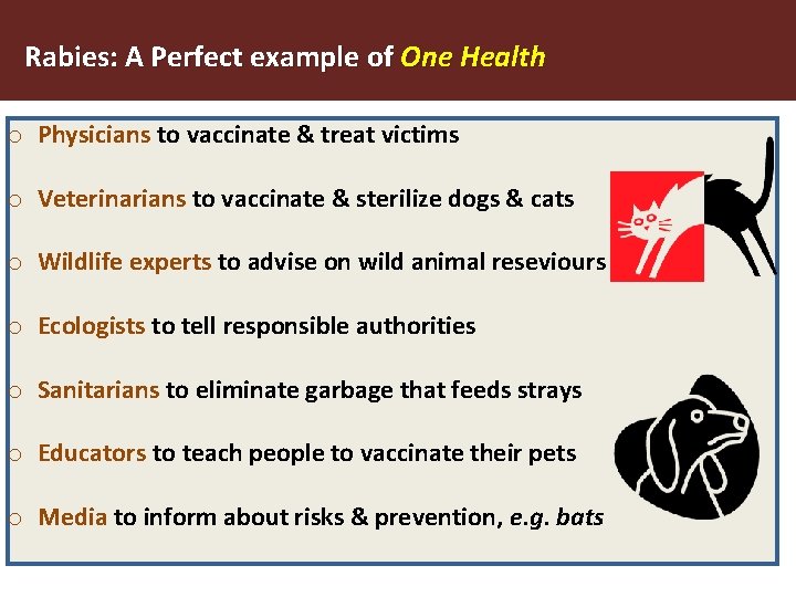 Rabies: A Perfect example of One Health o Physicians to vaccinate & treat victims