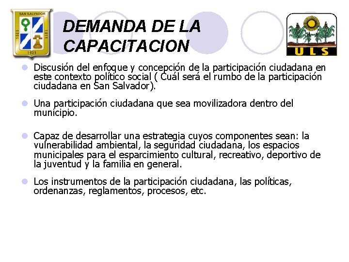 DEMANDA DE LA CAPACITACION l Discusión del enfoque y concepción de la participación ciudadana