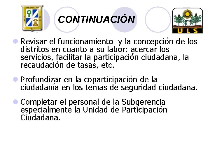 CONTINUACIÓN l Revisar el funcionamiento y la concepción de los distritos en cuanto a