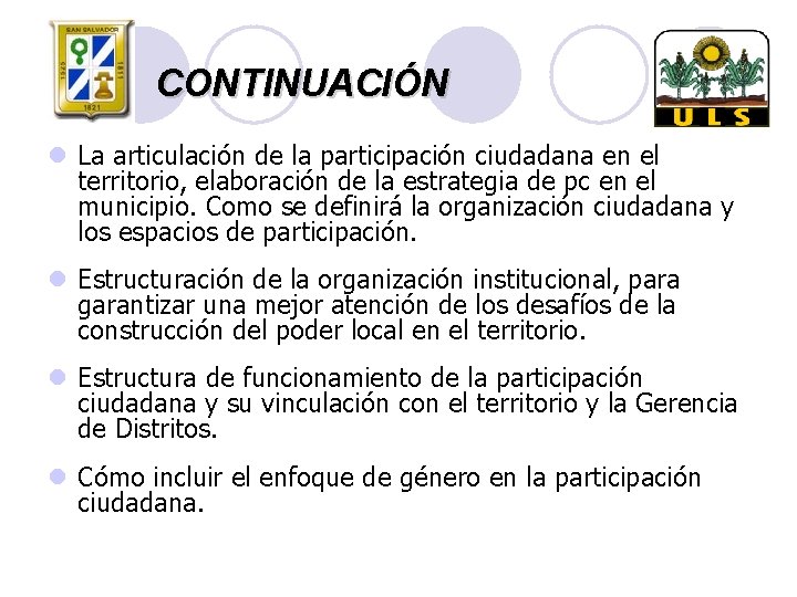 CONTINUACIÓN l La articulación de la participación ciudadana en el territorio, elaboración de la