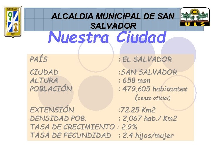 ALCALDIA MUNICIPAL DE SAN SALVADOR Nuestra Ciudad PAÍS : EL SALVADOR CIUDAD ALTURA POBLACIÓN