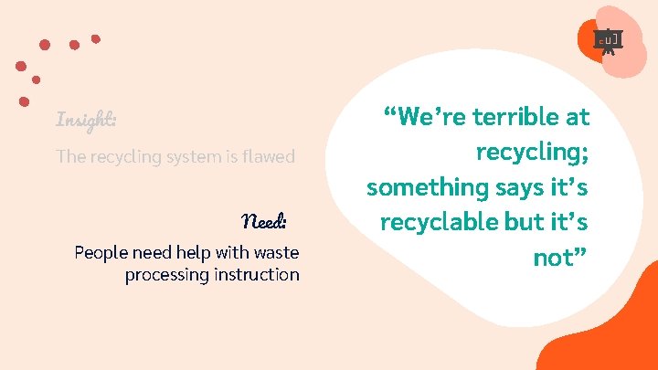 Insight: The recycling system is flawed Need: People need help with waste processing instruction