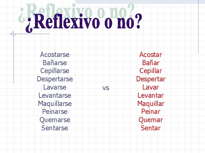 Acostarse Bañarse Cepillarse Despertarse Lavarse Levantarse Maquillarse Peinarse Quemarse Sentarse vs Acostar Bañar Cepillar Acostarse Bañarse Cepillarse Despertarse Lavarse Levantarse Maquillarse Peinarse Quemarse Sentarse vs Acostar Bañar Cepillar