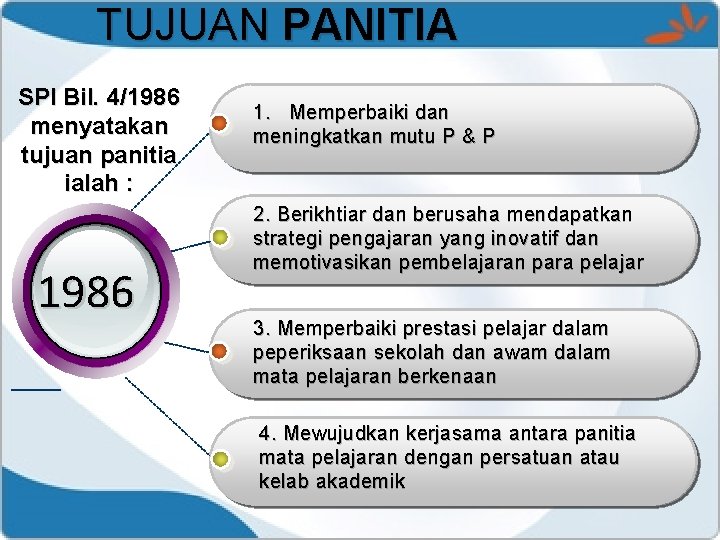 TUJUAN PANITIA SPI Bil. 4/1986 menyatakan tujuan panitia ialah : 1986 1. Memperbaiki dan