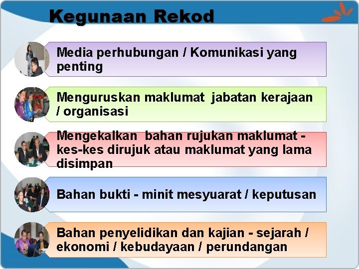 Kegunaan Rekod Media perhubungan / Komunikasi yang penting Menguruskan maklumat jabatan kerajaan / organisasi