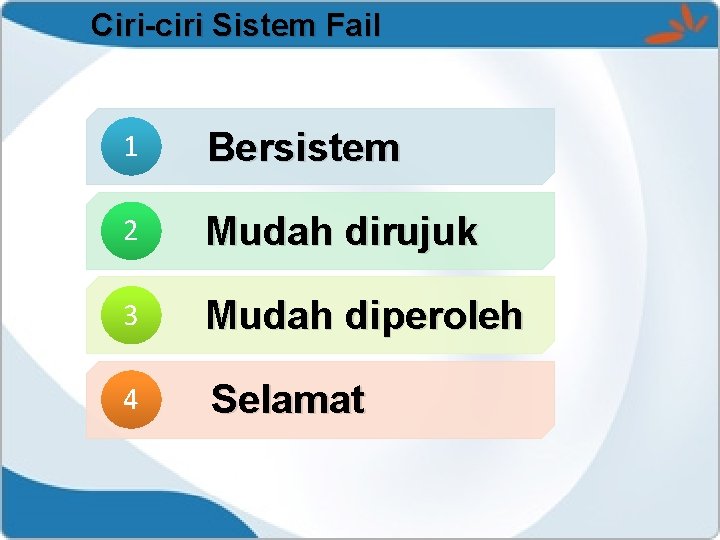 Ciri-ciri Sistem Fail 1 Bersistem 2 Mudah dirujuk 3 Mudah diperoleh 4 Selamat 