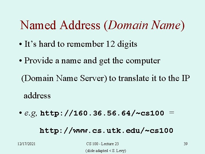 Named Address (Domain Name) • It’s hard to remember 12 digits • Provide a