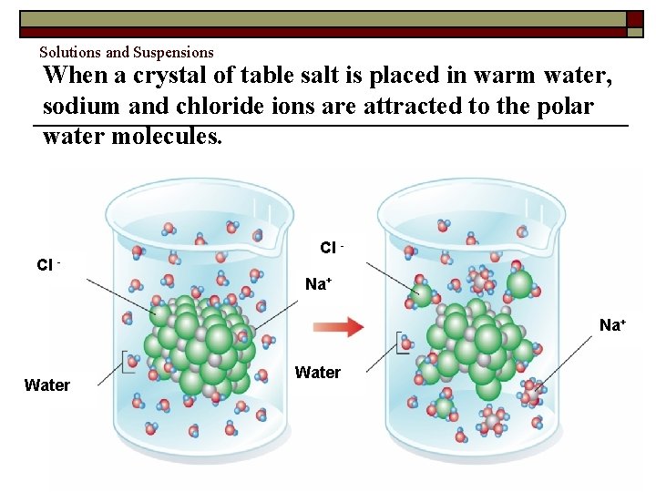 Solutions and Suspensions When a crystal of table salt is placed in warm water,