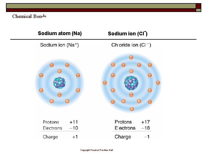 Chemical Bonds Sodium atom (Na) Sodium ion (Cl-) Copyright Pearson Prentice Hall 