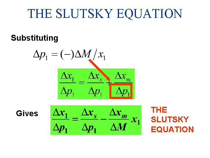 THE SLUTSKY EQUATION Substituting Gives THE SLUTSKY EQUATION 