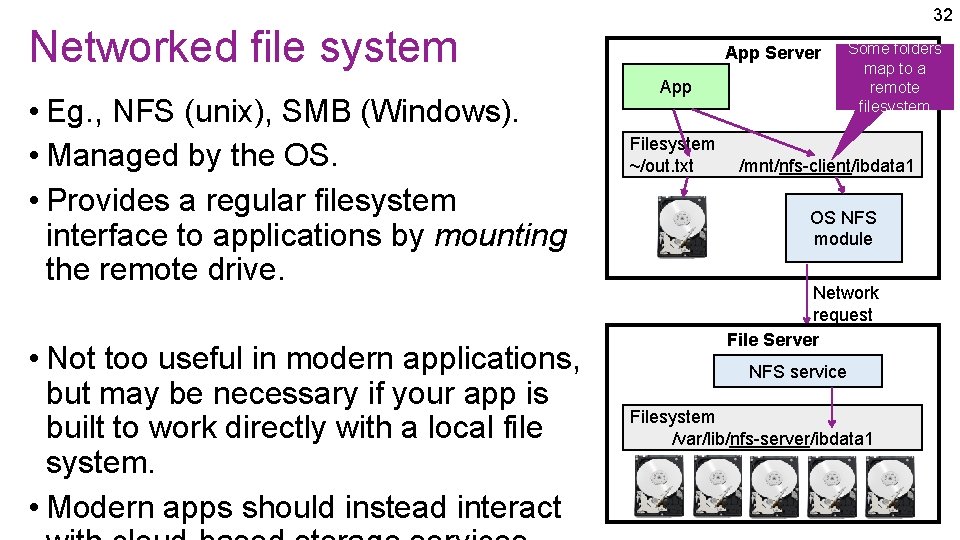 32 Networked file system • Eg. , NFS (unix), SMB (Windows). • Managed by 32 Networked file system • Eg. , NFS (unix), SMB (Windows). • Managed by