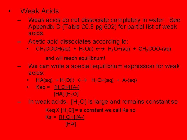  • Weak Acids – – Weak acids do not dissociate completely in water.