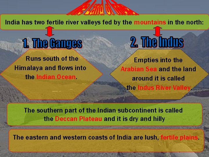 India has two fertile river valleys fed by the mountains in the north: Runs
