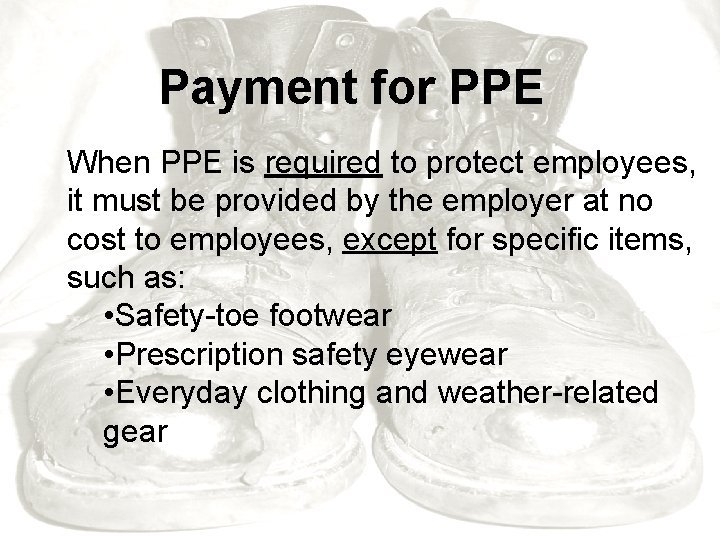 Payment for PPE When PPE is required to protect employees, it must be provided