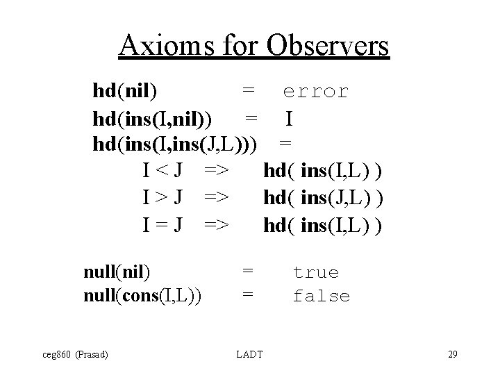 Axioms for Observers hd(nil) = error hd(ins(I, nil)) = I hd(ins(I, ins(J, L))) =
