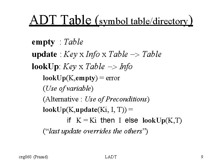 ADT Table (symbol table/directory) empty : Table update : Key x Info x Table