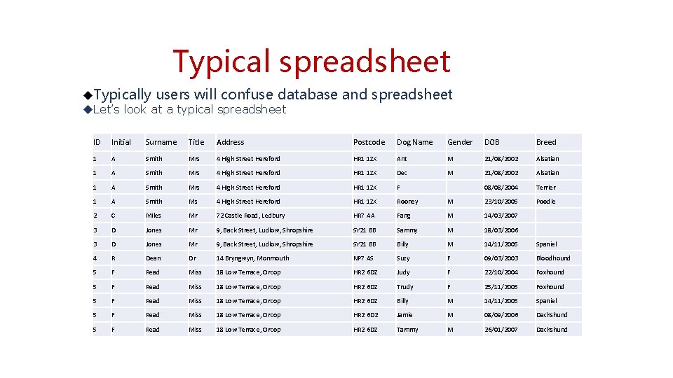 Typical spreadsheet Typically users will confuse database Let’s look at a typical spreadsheet and