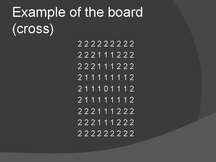 Example of the board (cross) 22222 222111222 211111112 211101112 211111112 222111222 22222 