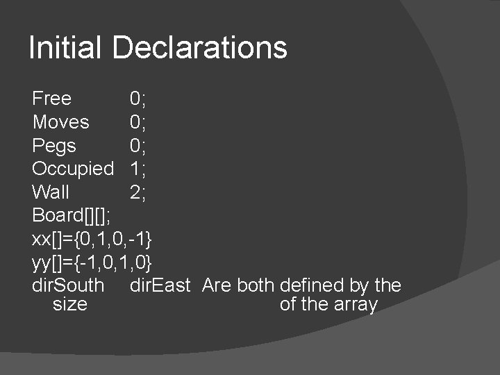 Initial Declarations Free 0; Moves 0; Pegs 0; Occupied 1; Wall 2; Board[][]; xx[]={0,
