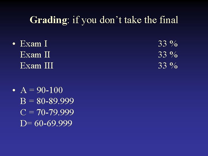 Grading: if you don’t take the final • Exam III • A = 90