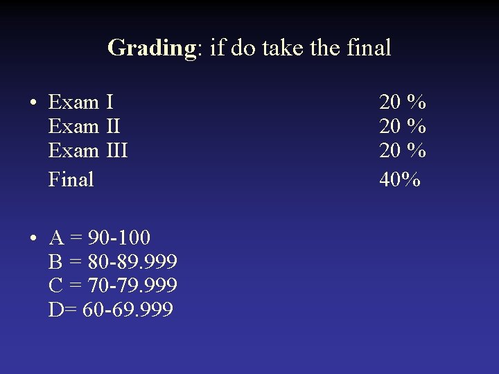 Grading: if do take the final • Exam III Final • A = 90