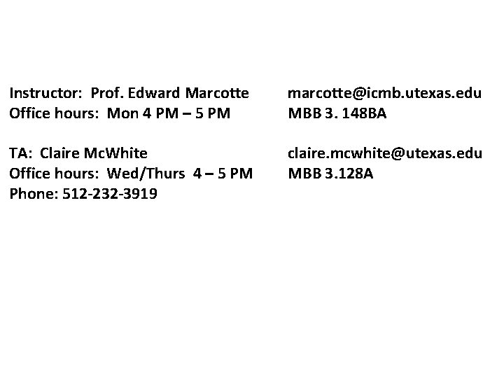 Instructor: Prof. Edward Marcotte Office hours: Mon 4 PM – 5 PM marcotte@icmb. utexas.