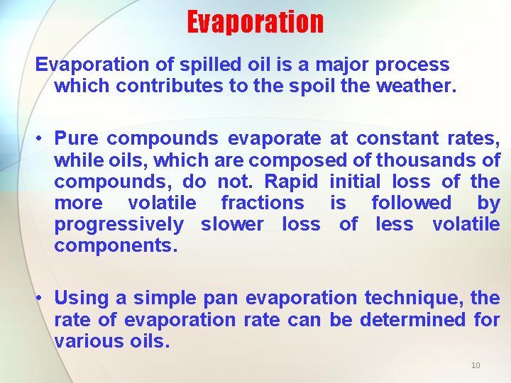Evaporation of spilled oil is a major process which contributes to the spoil the