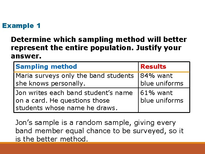 Example 1 Determine which sampling method will better represent the entire population. Justify your