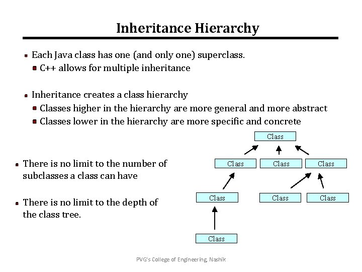 Inheritance Hierarchy Each Java class has one (and only one) superclass. C++ allows for