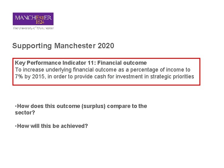 Supporting Manchester 2020 Key Performance Indicator 11: Financial outcome To increase underlying financial outcome