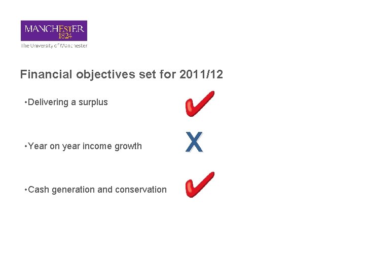 Financial objectives set for 2011/12 • Delivering a surplus • Year on year income