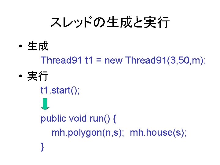 スレッドの生成と実行 • 生成 Thread 91 t 1 = new Thread 91(3, 50, m); •